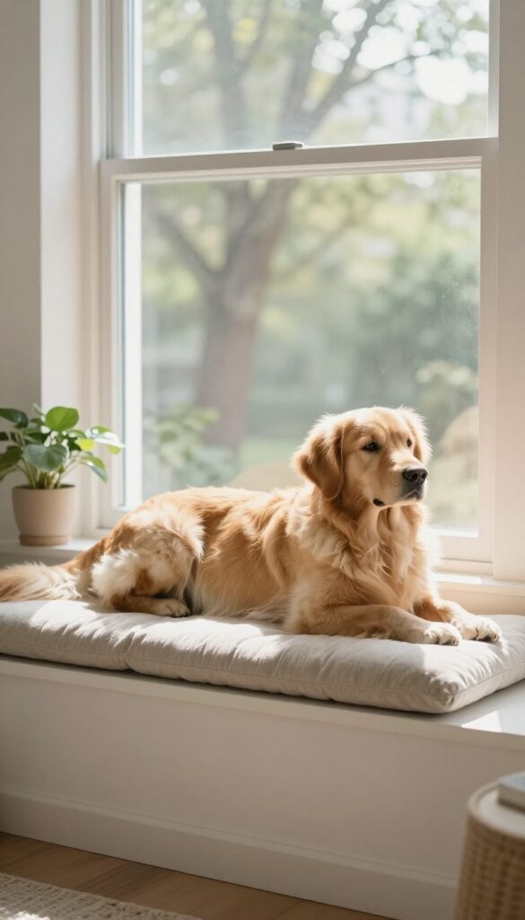 Dog resting on cushioned window perch, looking outside