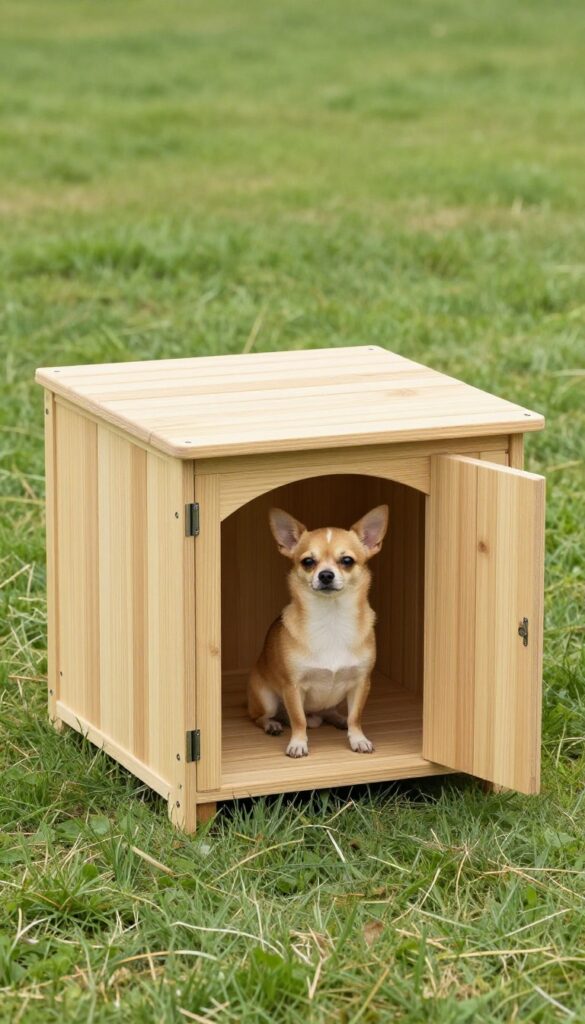 Portable windbreak dog house with removable panels in a breezy yard