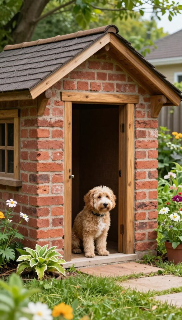 Rustic brick dog house with wood trim in a sunny backyard