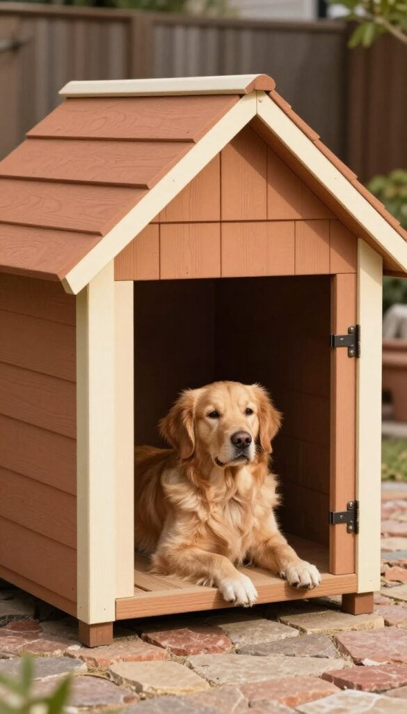 Warm terracotta dog house with cream trim in a sunny yard, next to a golden retriever