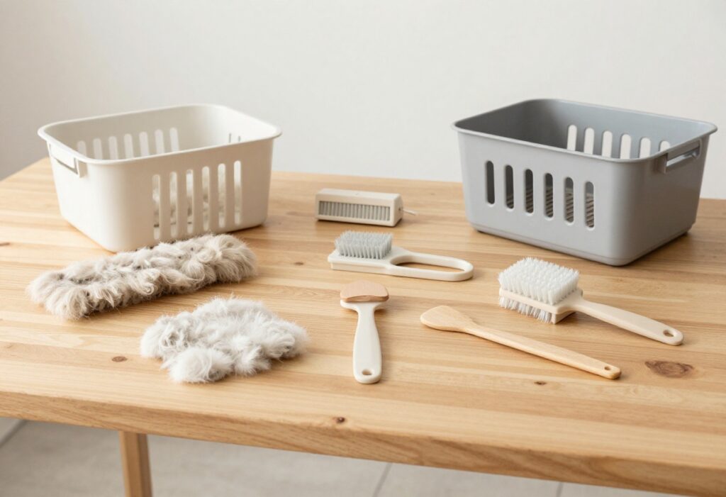 A serene dog grooming setup with various brushes on a wooden surface, highlighting tools for different coat types in a clean, natural light setting.