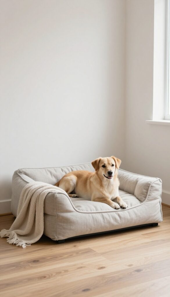Dog bed nook with washable cover in a bright living room corner