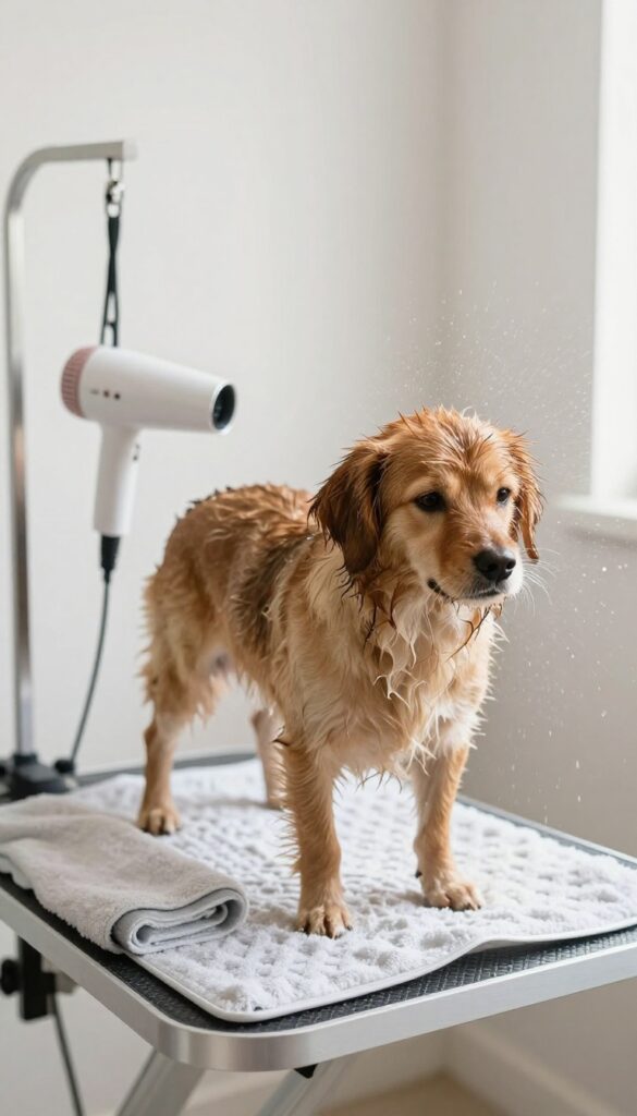A calm dog at a grooming station with a low-noise dryer and towels for efficient drying after a bath