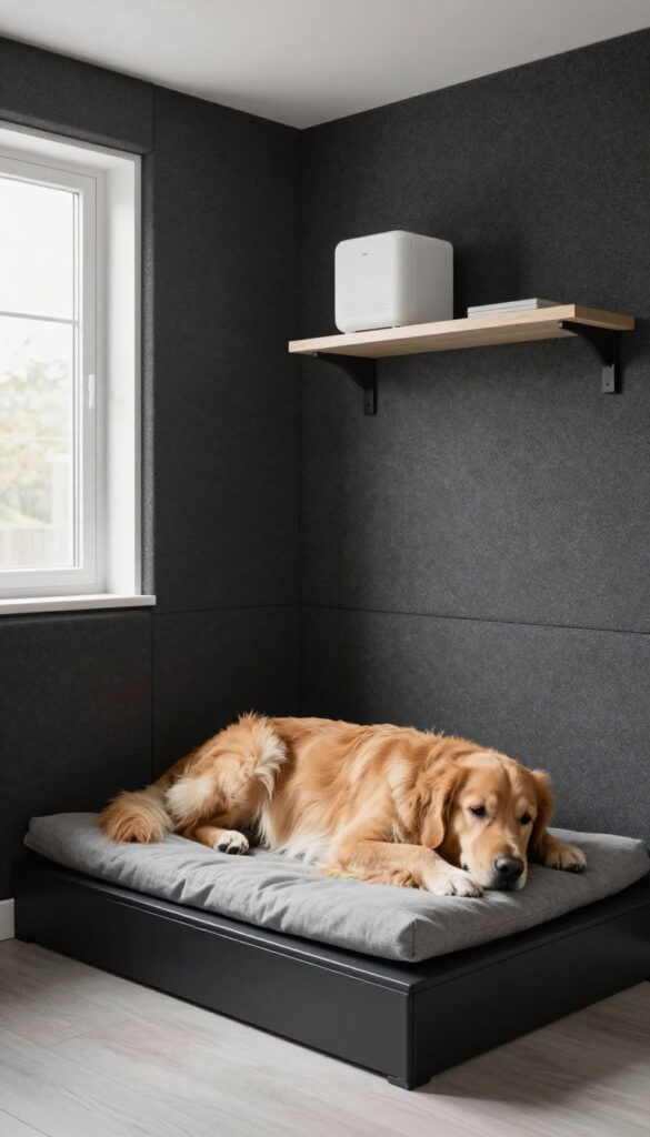 Soundproofed under-stair dog kennel with acoustic foam panels, white noise machine, and a calm golden retriever inside.