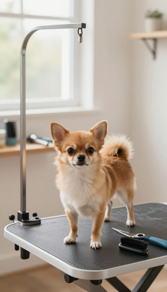 A small dog on a portable grooming table in a well-lit home setting, showcasing an easy and comfortable grooming setup for pet owners.