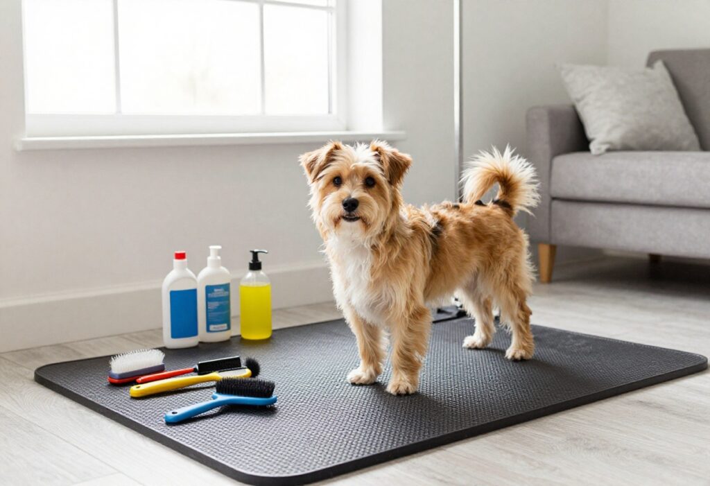 DIY dog grooming station at home with a happy dog and organized grooming tools on a non-slip mat