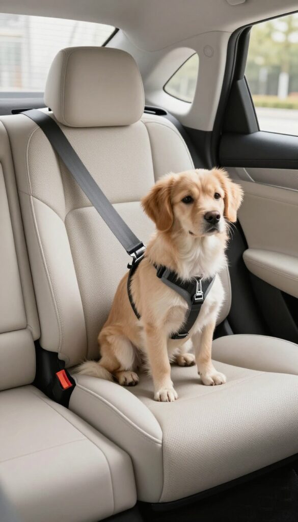 A dog sitting securely in a luxury car seat inside a car, highlighting safety and comfort during travel with natural lighting and a clean, uncluttered background.