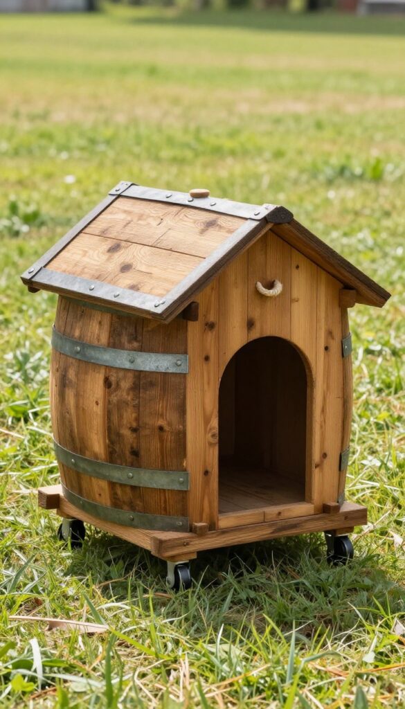 Mobile barrel dog house on wheels in a sunny yard