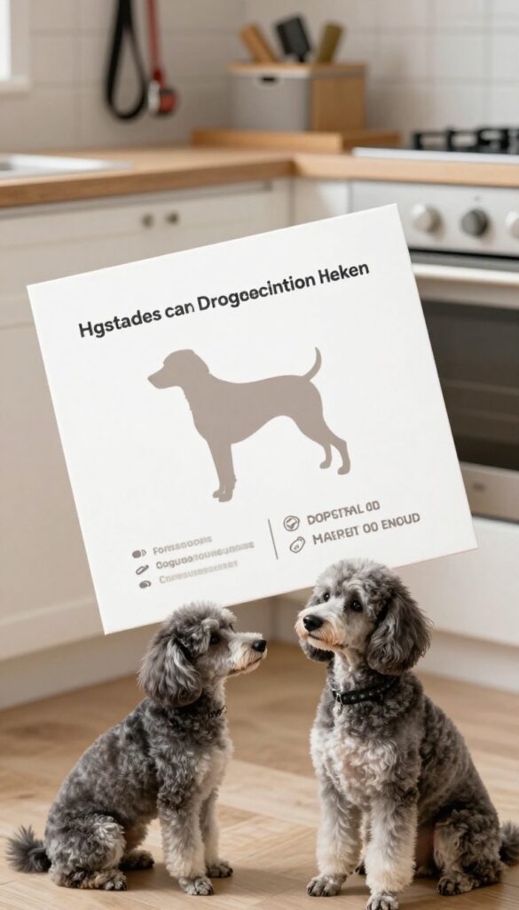 A realistic photo of a dog grooming business card with a grooming checklist on the back, placed next to a well-groomed Poodle in a bright kitchen setting, illustrating the multi-purpose card idea for dog owners.