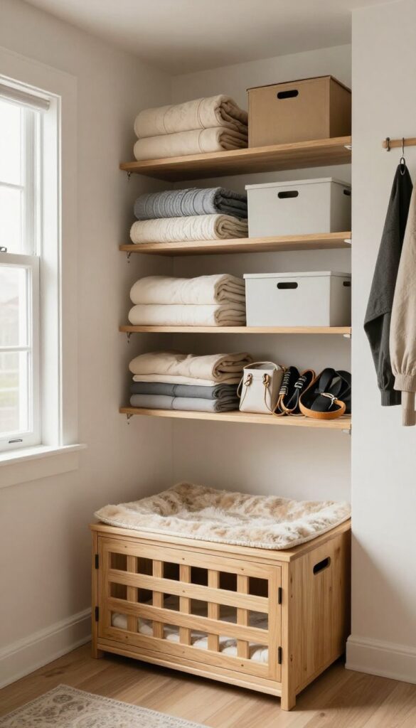 Built-in dog crate with storage shelves above inside a bright, organized closet
