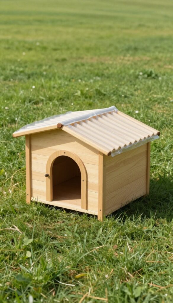 Low-profile dog house with sloped roof and vinyl wind flap in sunny yard