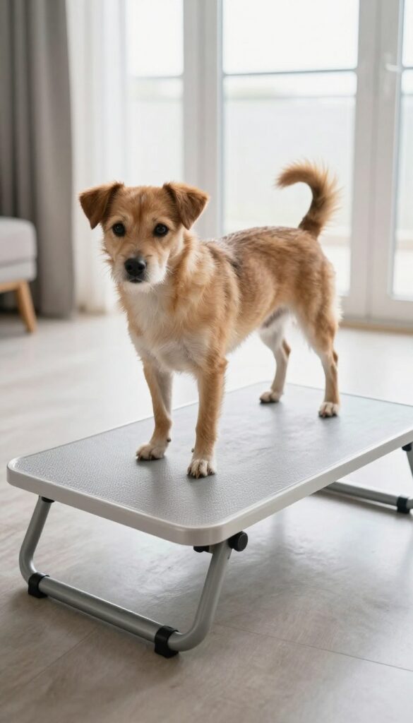 A dog on a portable plastic folding table during home grooming, showcasing a practical and tidy setup for small spaces.