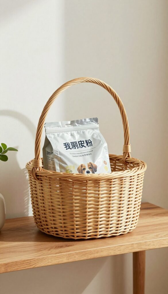 A chic woven basket holding an airtight dog food bag on a shelf in a well-lit room, showcasing stylish storage for small homes.