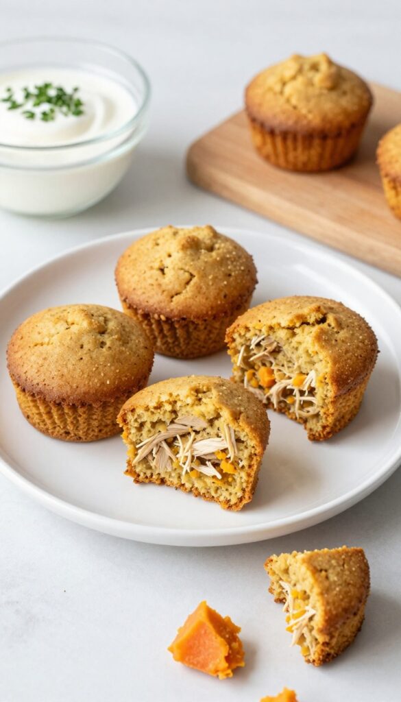 Homemade chicken and sweet potato mini cakes for dogs, soft treats with shredded chicken and sweet potato visible, arranged on plain surfaces with ingredients in bowls, bright natural lighting.