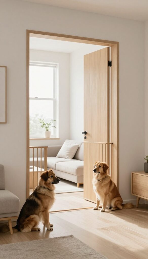 A chic wooden dog gate that looks like a room divider in a bright, modern apartment.