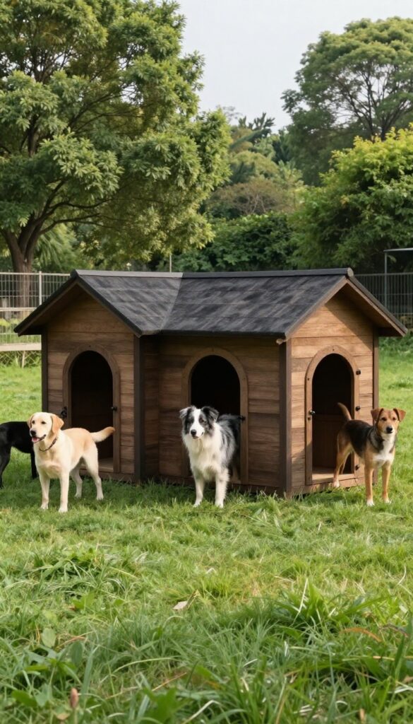 Three-compartment dog house with individual doors for three dogs in a sunny yard