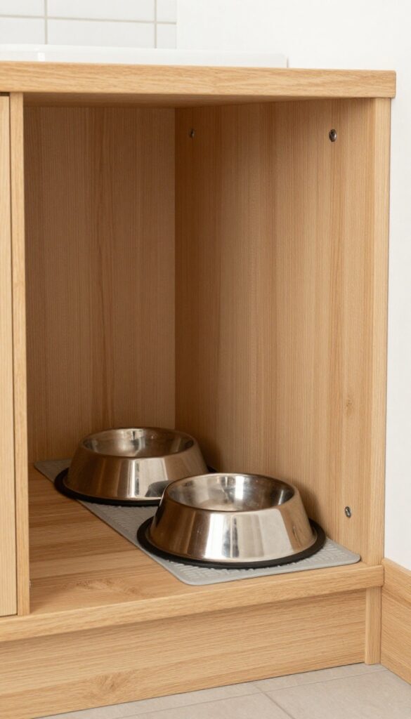 A photorealistic image of a dog feeding station using a corner shelf in a bright kitchen, with empty bowls on a non-slip mat, illustrating efficient use of space for pet organization.