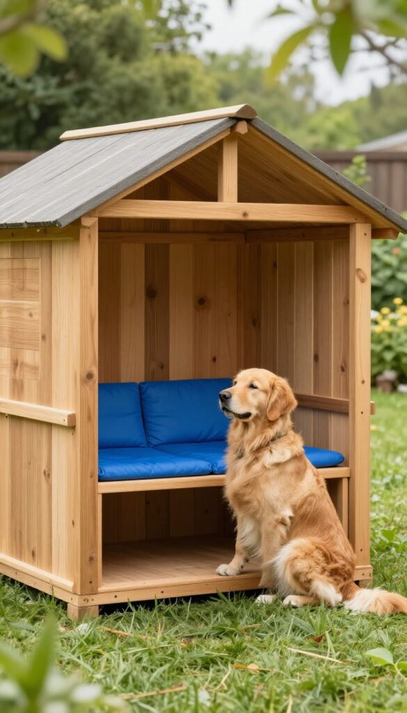 Dog house with side porch and storage bench in sunny backyard