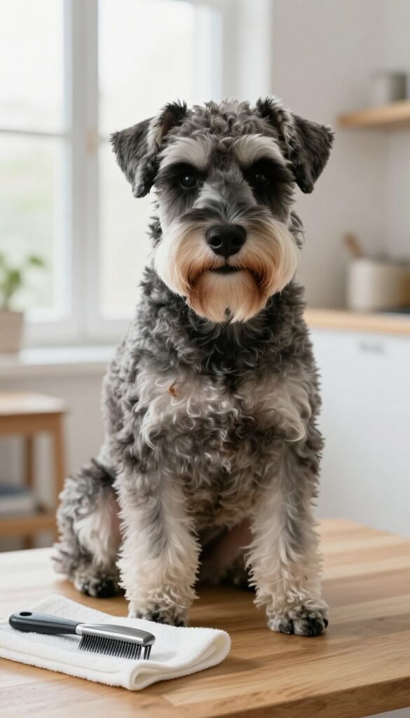 A Schnauzer with a clean beard in natural light, showing simple beard care tools nearby for easy grooming.