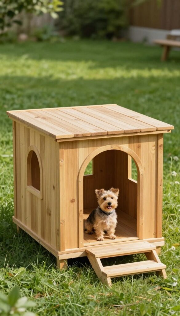 A small terrier on the sun deck of a two-level wooden dog house in a sunny backyard.