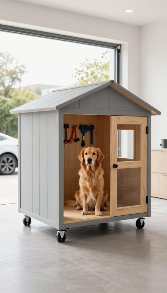 Portable dog house on casters in a garage with a golden retriever beside it