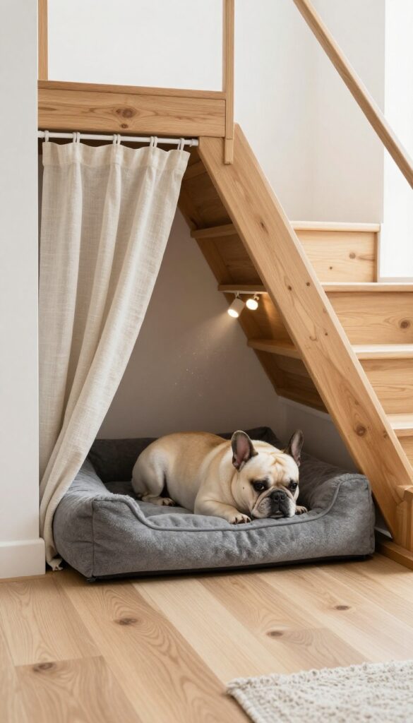 Cozy under-stair dog den with bed and curtain