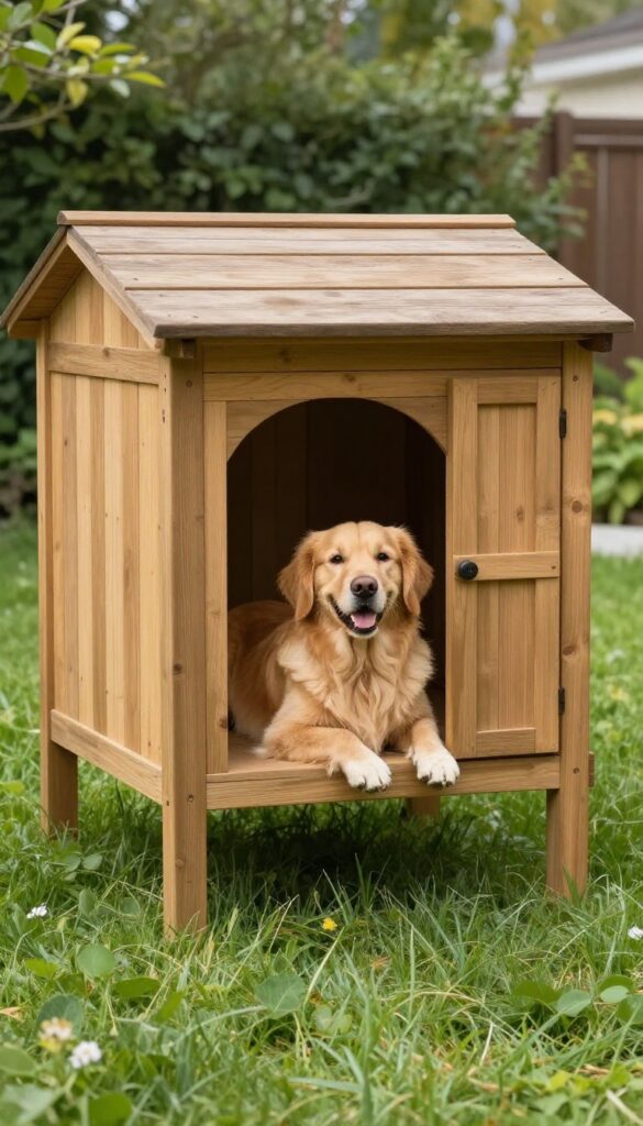 Elevated dog house with sun deck in sunny backyard, golden retriever lounging on deck