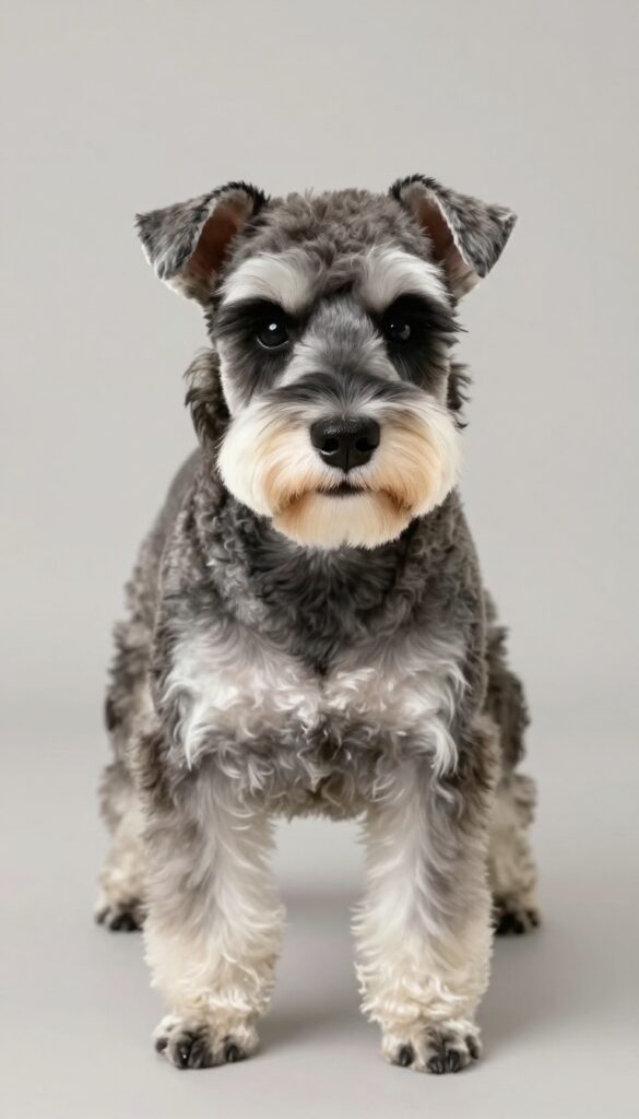 A Schnauzer with a classic haircut showcasing short body hair and a long beard in natural light.
