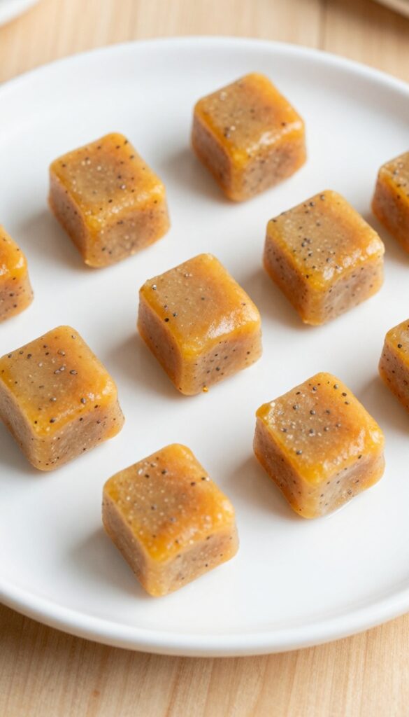 Homemade coconut pumpkin frozen paw cubes for dogs, creamy orange with chia seeds and turmeric, arranged on a plain plate in natural light.