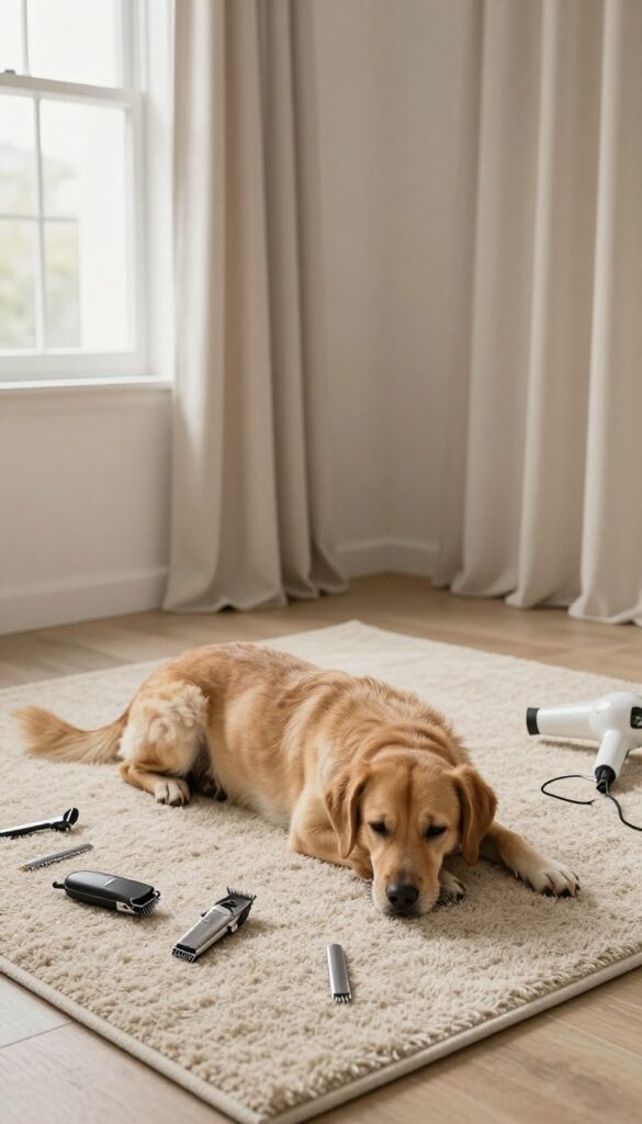 A calm dog in a quiet home grooming corner with sound-dampening rugs and curtains, natural light, and grooming tools nearby.