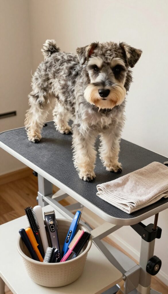 A Schnauzer in a home grooming setup with tools and non-slip mats, showcasing DIY grooming tips in a bright, natural light setting.