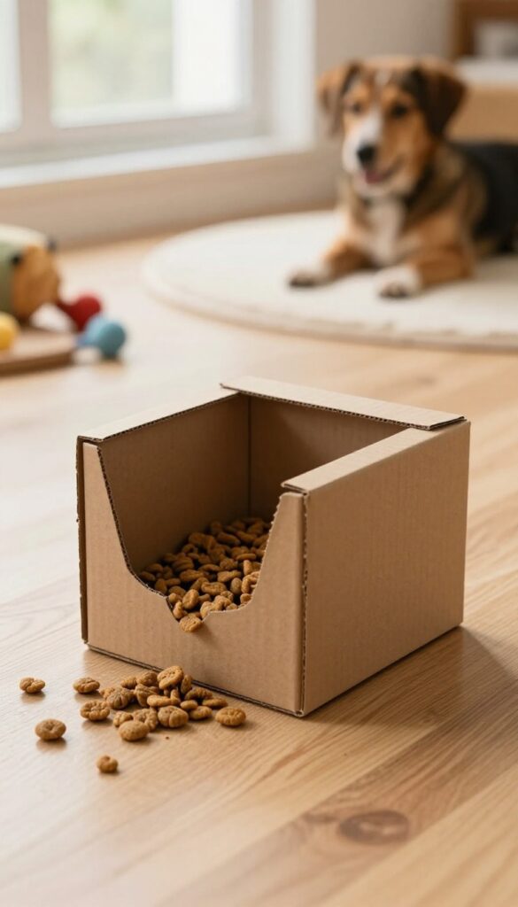 A DIY cardboard box dog food dispenser on a wooden floor with kibble spilling out, set in a bright, natural-lit room with dog toys in the background.