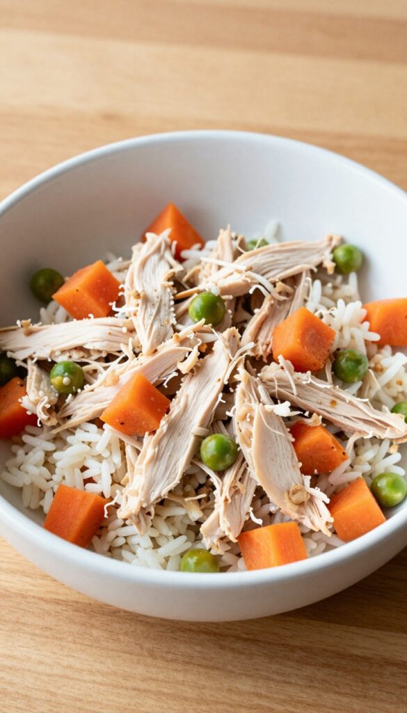A homemade chicken and rice dog food bowl with carrots and peas, served in a plain ceramic bowl on a wooden table, designed for easy digestion and dog comfort.