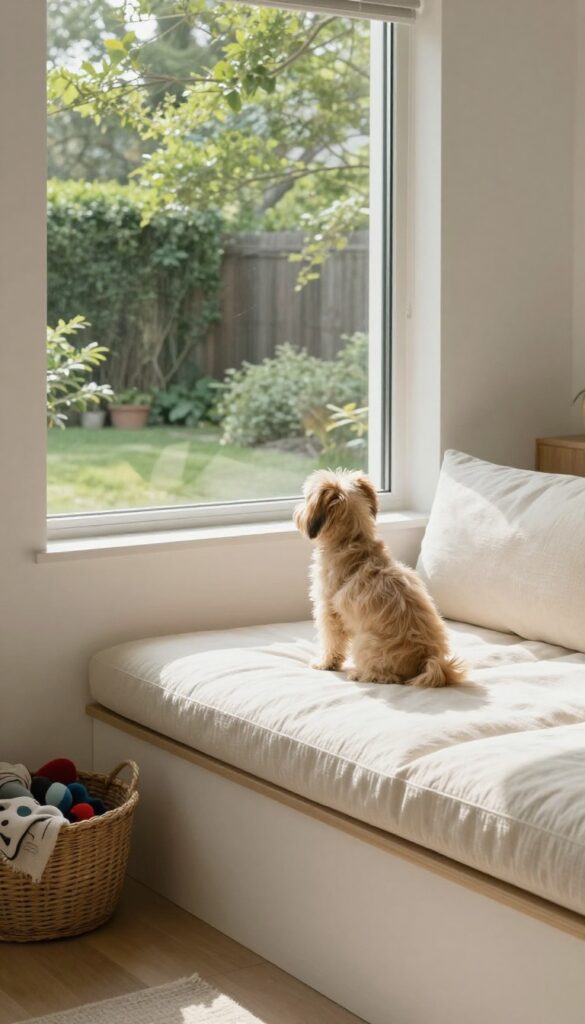 Dog sitting on a cushioned window seat with storage baskets underneath in a bright living room