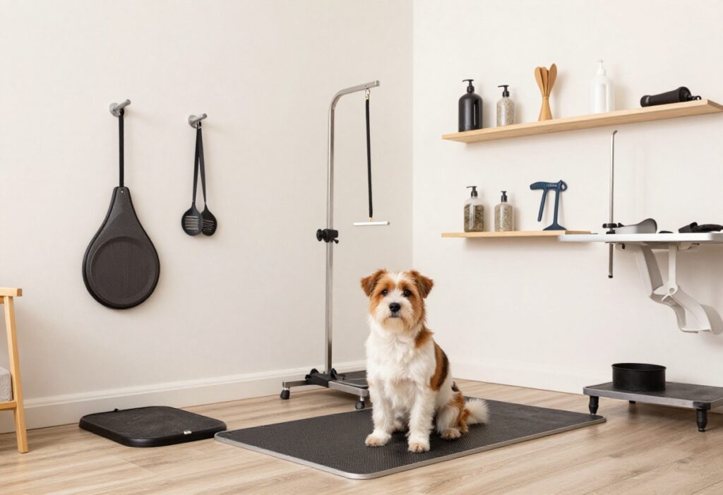 A home dog grooming setup with a small dog on a safe mat, organized tools on shelves, and soft lighting in a tidy room.