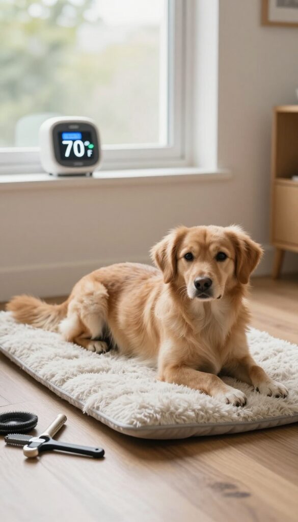 A photorealistic scene showing temperature control in a dog grooming salon, featuring a space heater, thermometer, and relaxed dog in natural light.