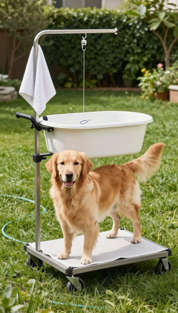 Mobile grooming cart in a backyard with a golden retriever standing in the wash basin, surrounded by green grass and natural sunlight.