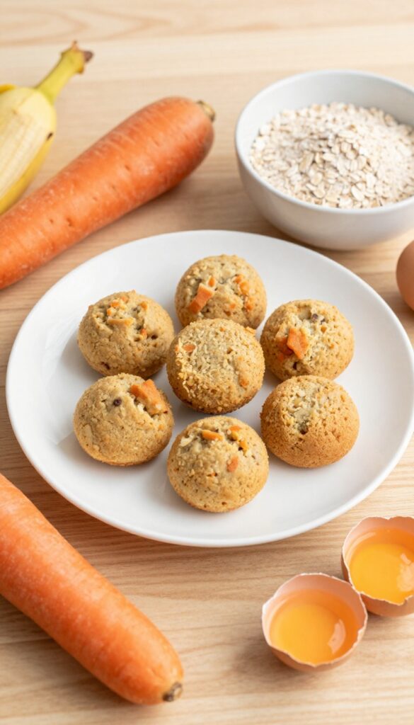 Homemade banana carrot dog muffin bites on a plate with ingredients like banana, carrot, oat flour, and egg, arranged in a bright, natural setting for a dog recipe blog.