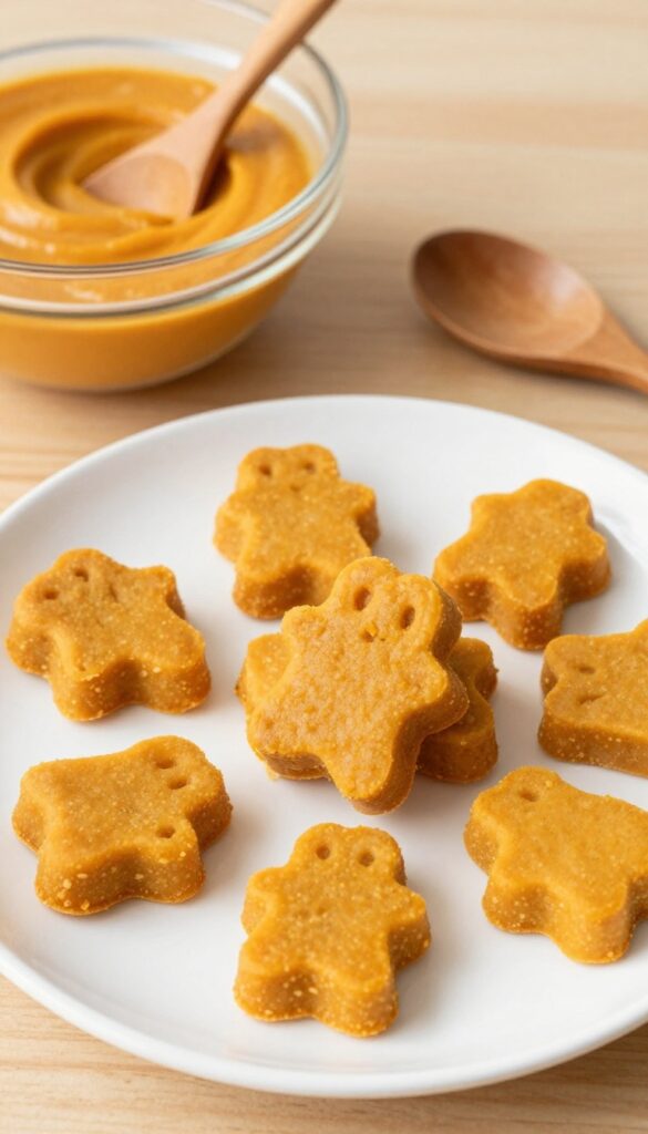 Homemade pumpkin yogurt soft chews for dogs, shaped into small nuggets on a plain plate with a bowl of pumpkin yogurt mixture in the background.