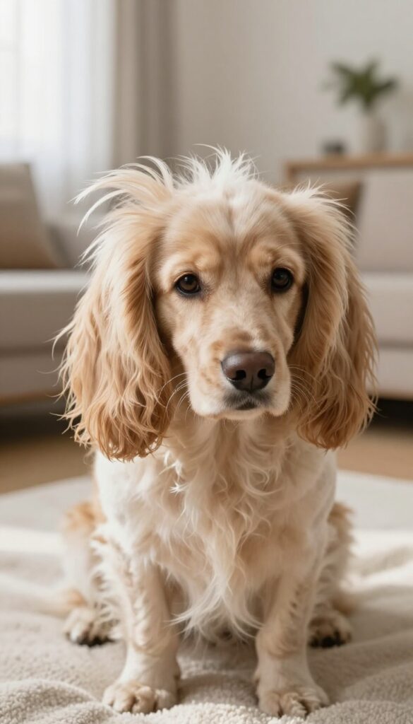 A Spaniel dog showcasing feathered ear grooming style with long, wispy fur around its ears in natural light.