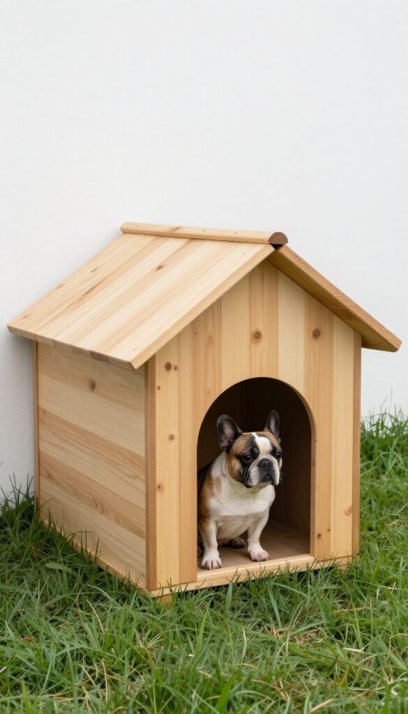 A lean-to dog house attached to a house wall in a narrow side yard, with a small dog sitting by the entrance.