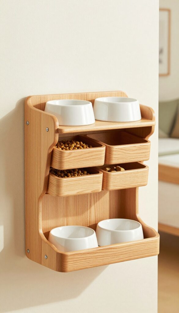 Wall-mounted dog feeding shelf with hidden storage compartments and elevated bowls, bright natural light, clean modern home interior
