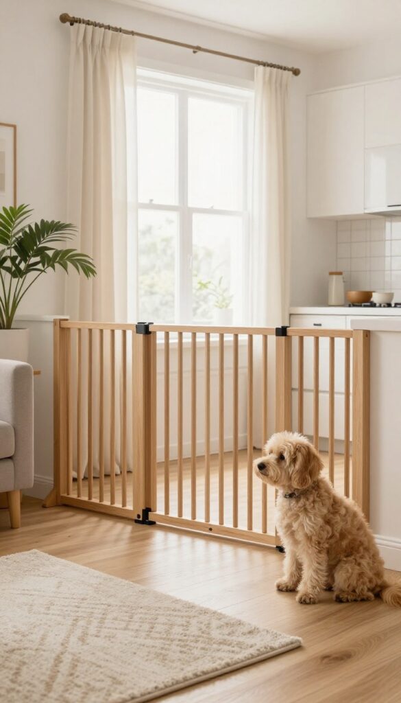 A stylish wooden pet gate in a bright apartment, dividing living area from kitchen, with a small dog sitting beside it.