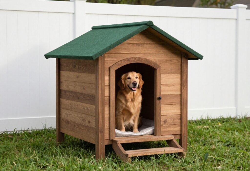 Luxury wooden dog house with a covered porch and a golden retriever sitting on the steps in a sunny backyard.