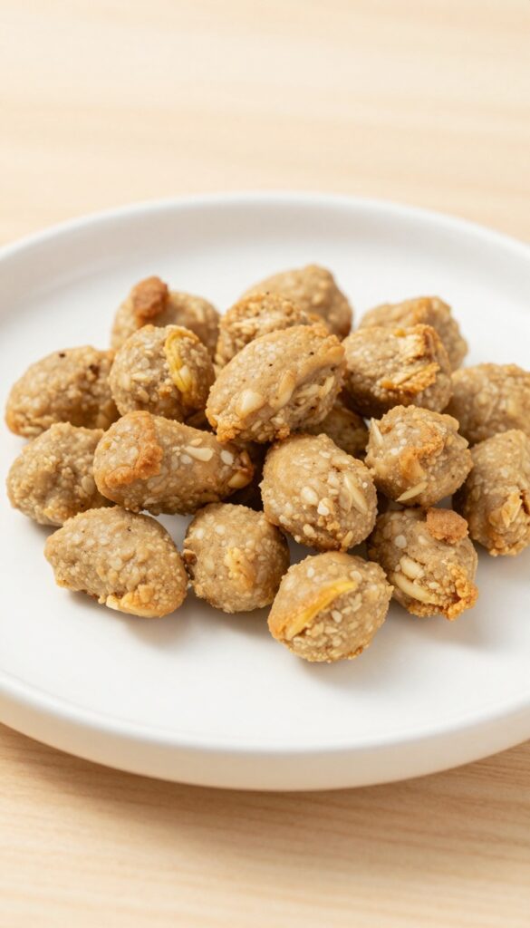 Soft banana oat dog treats on a plain white plate, showing moist and tender texture for puppies and seniors, with natural lighting and a clean background.