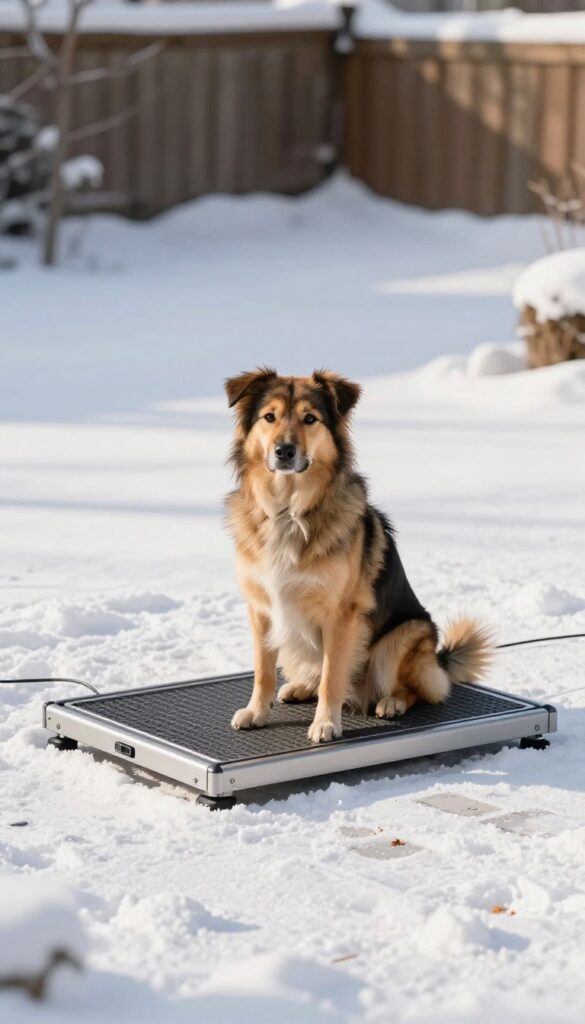 Metal dog house with heated floor pad in snowy backyard