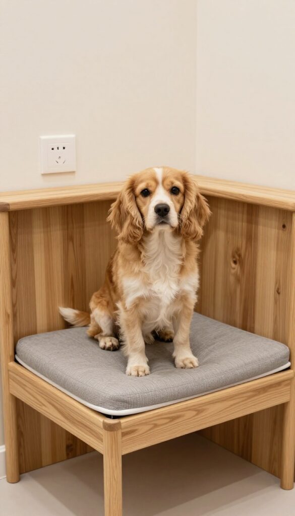 A photorealistic image of a dog on a cushioned storage bench in a bright grooming area, showcasing practical furniture for pet owners to combine seating and organization.