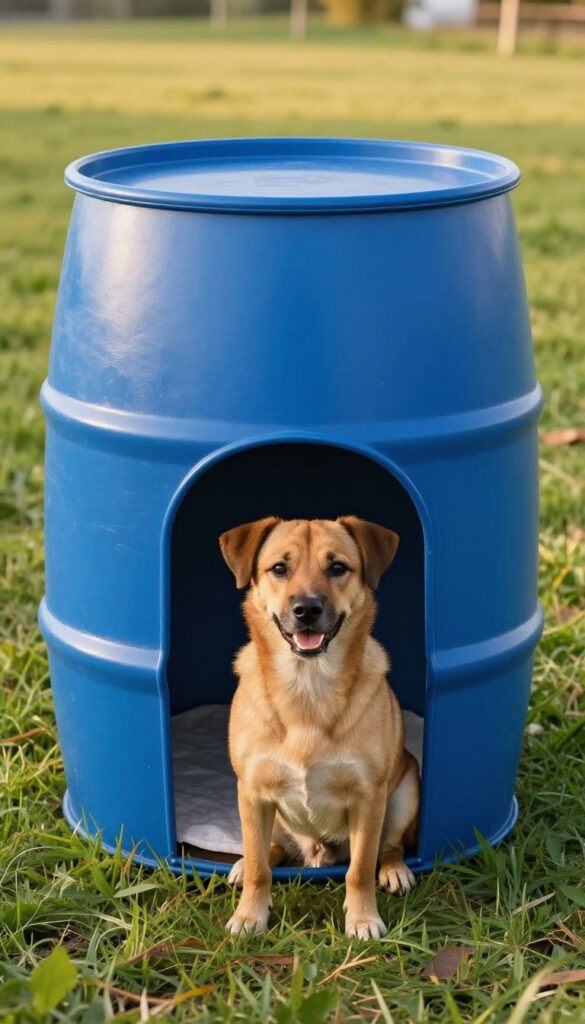 Insulated plastic barrel dog house in a farmyard with a dog sitting nearby