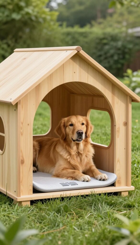 Dog house with cooling mat and heated floor for temperature comfort