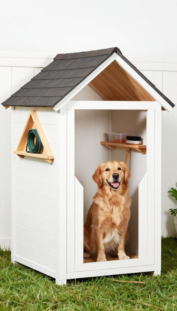 Corner dog house with triangular shelves for storage in a sunny backyard